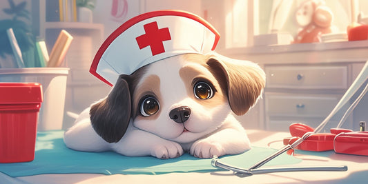a cute dog wearing a nurse hat lying on a table