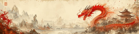 A Chinese traditional ink painting of a red dragon among pavilions