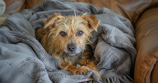 Rescued Terrier mix Sage, wrapped in a warm blanket