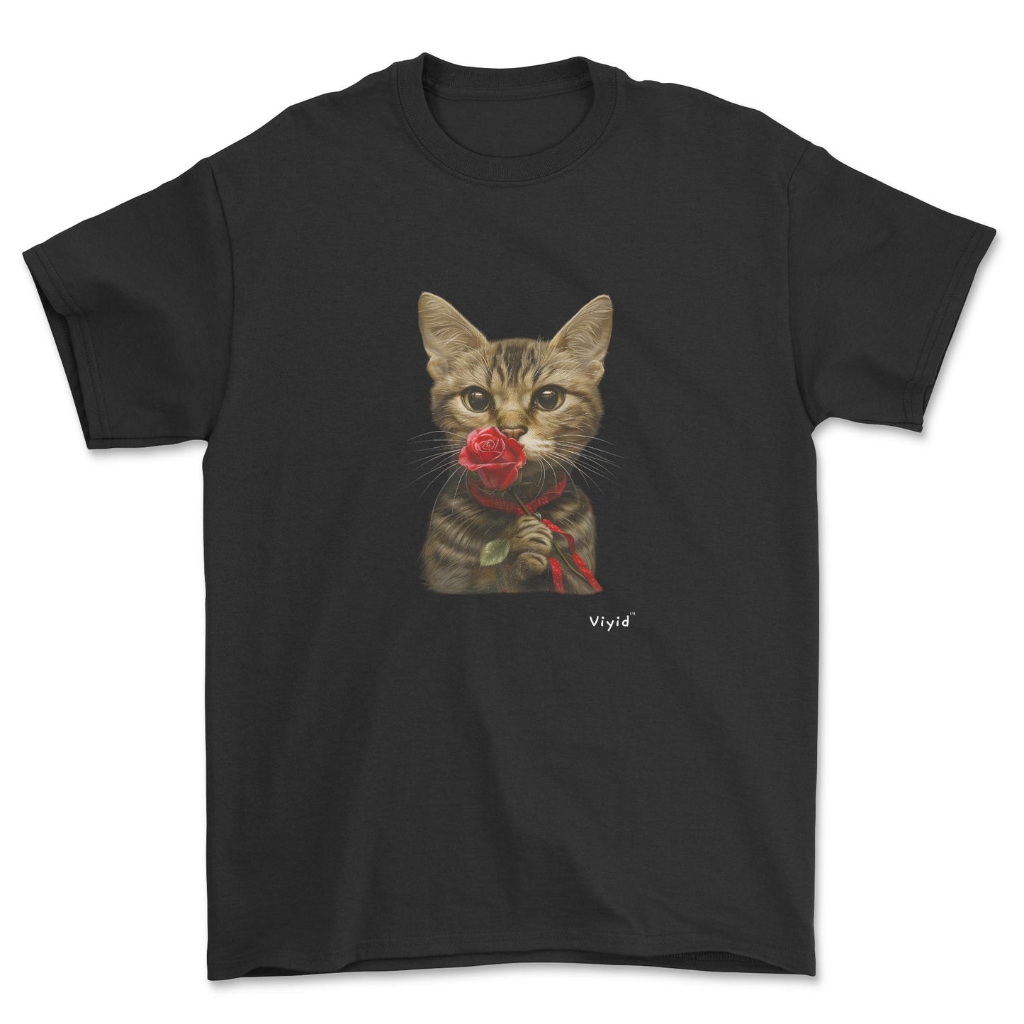 sniffing rose domestic shorthair cat youth t-shirt black