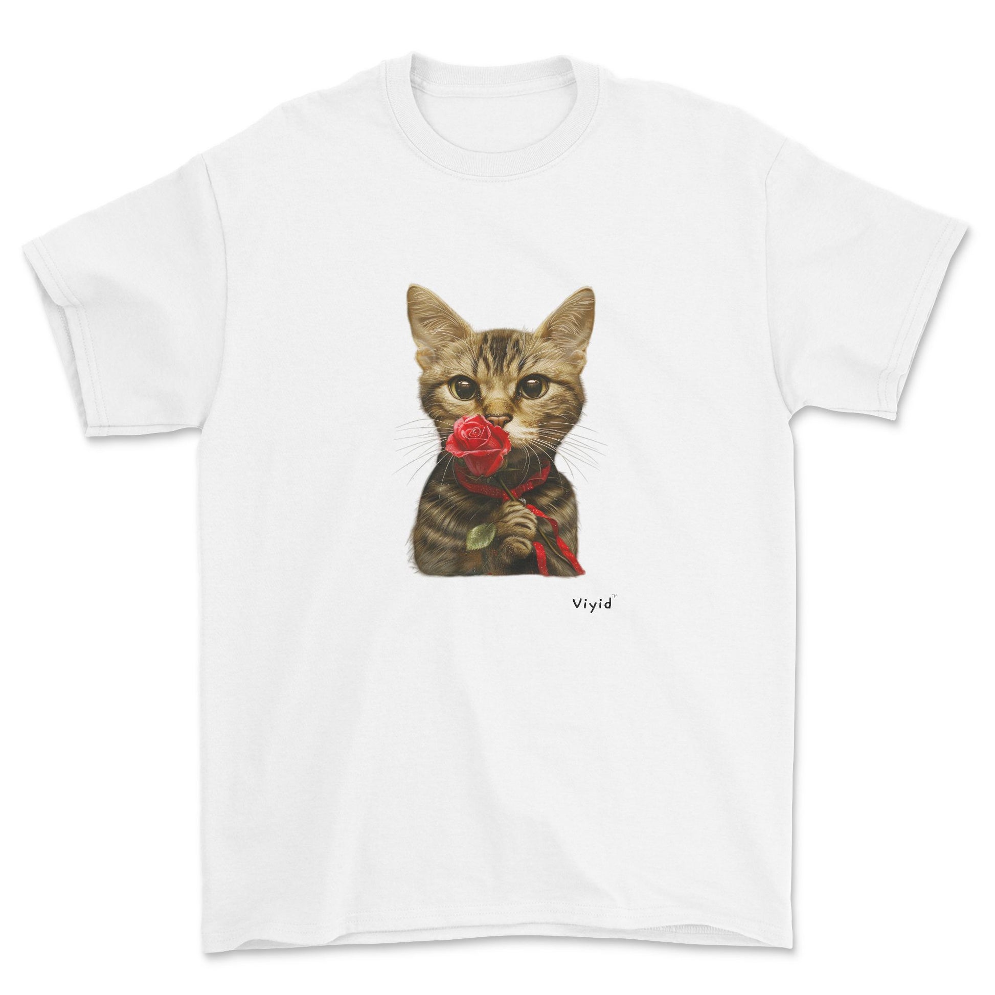 sniffing rose domestic shorthair cat youth t-shirt white