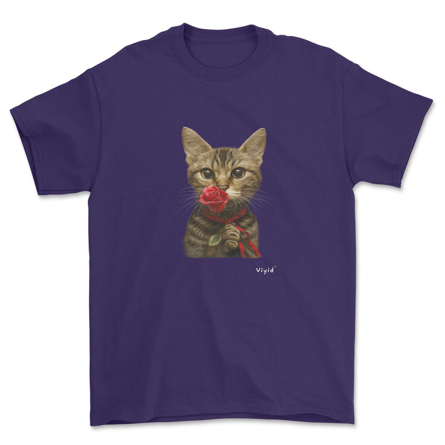 sniffing rose domestic shorthair cat youth t-shirt purple