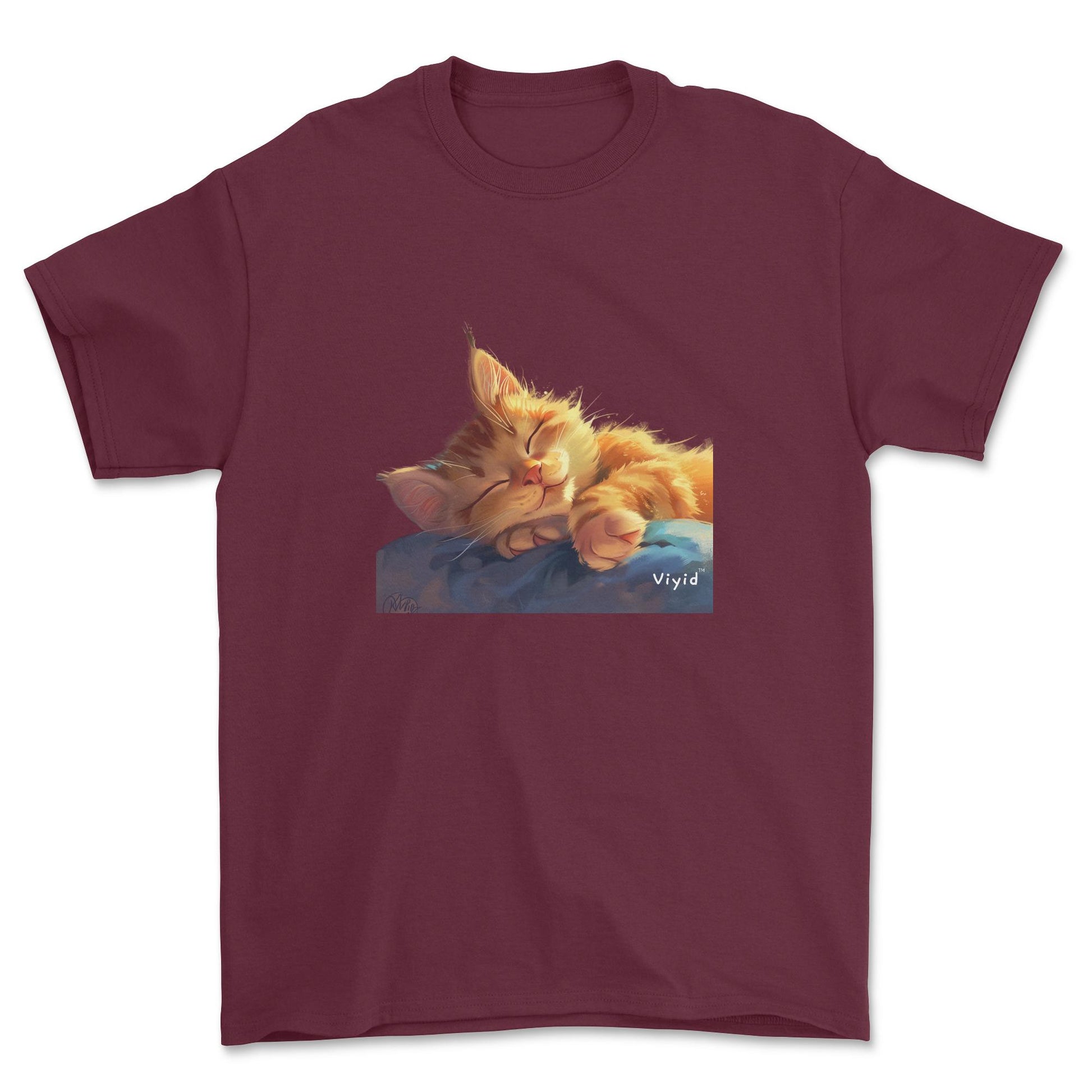 sleeping ginger cat adult t-shirt maroon