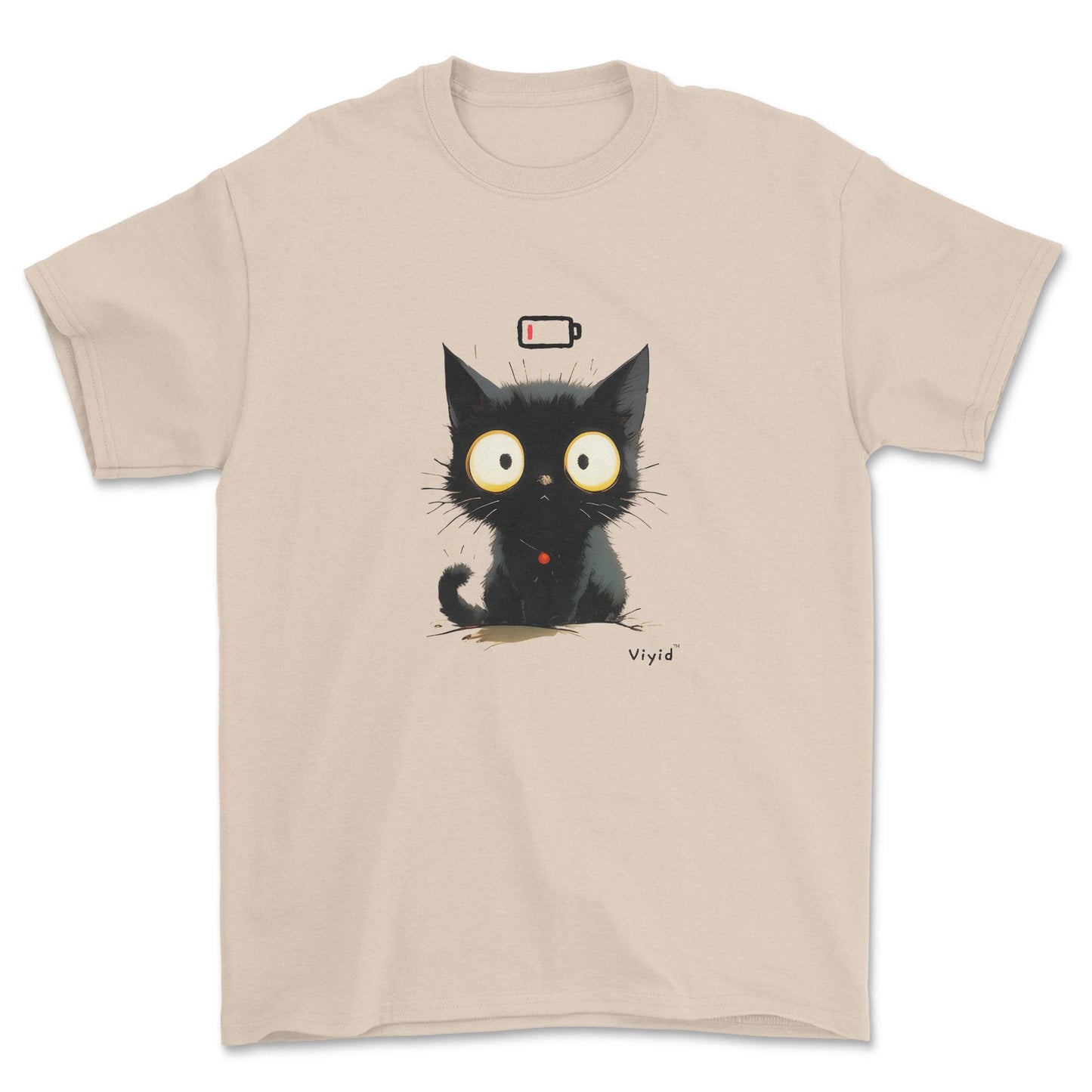 Low battery black cat adult t-shirt sand