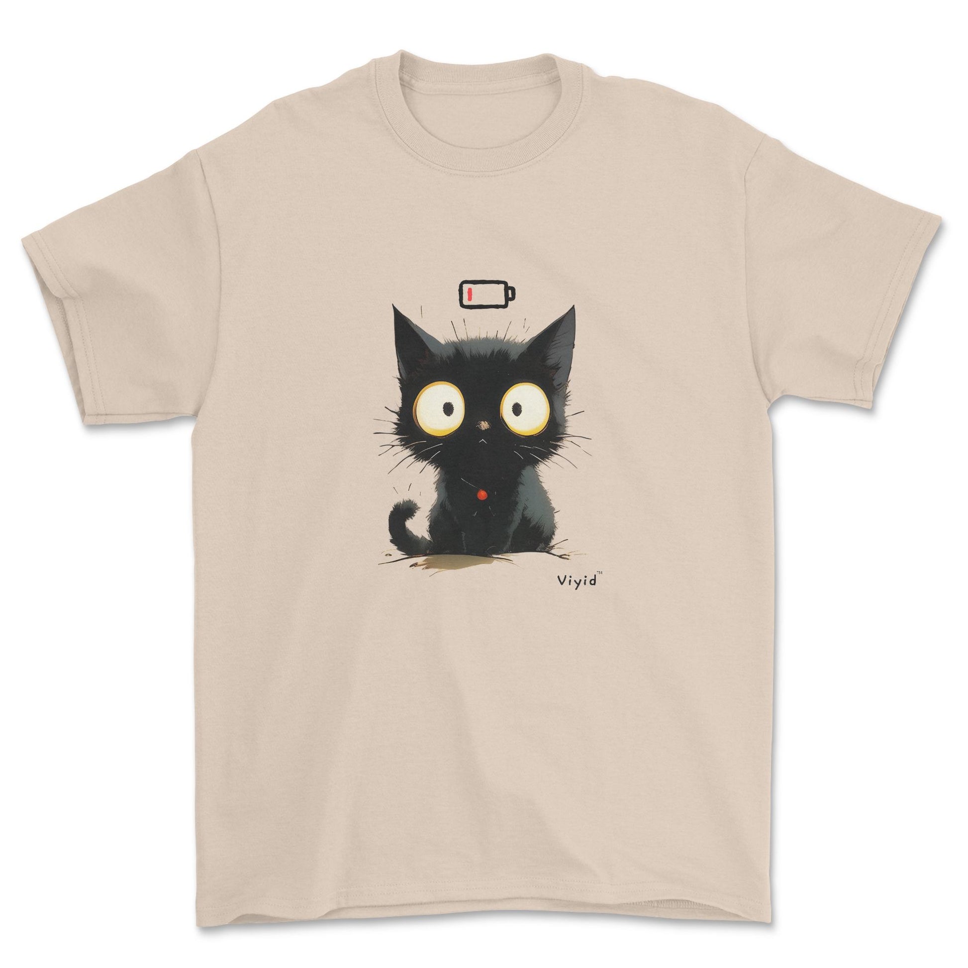 Low battery black cat adult t-shirt sand