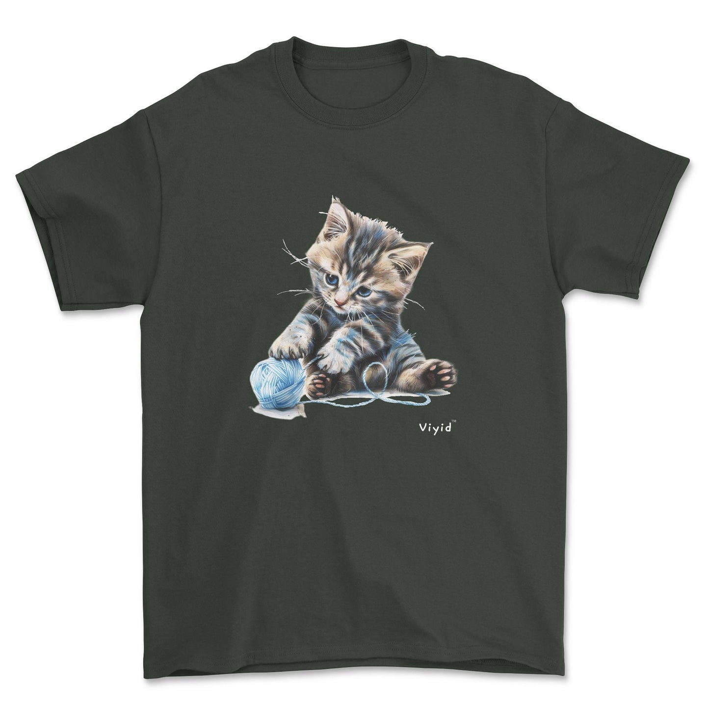 Siberian cat playing yarn youth t-shirt forest green