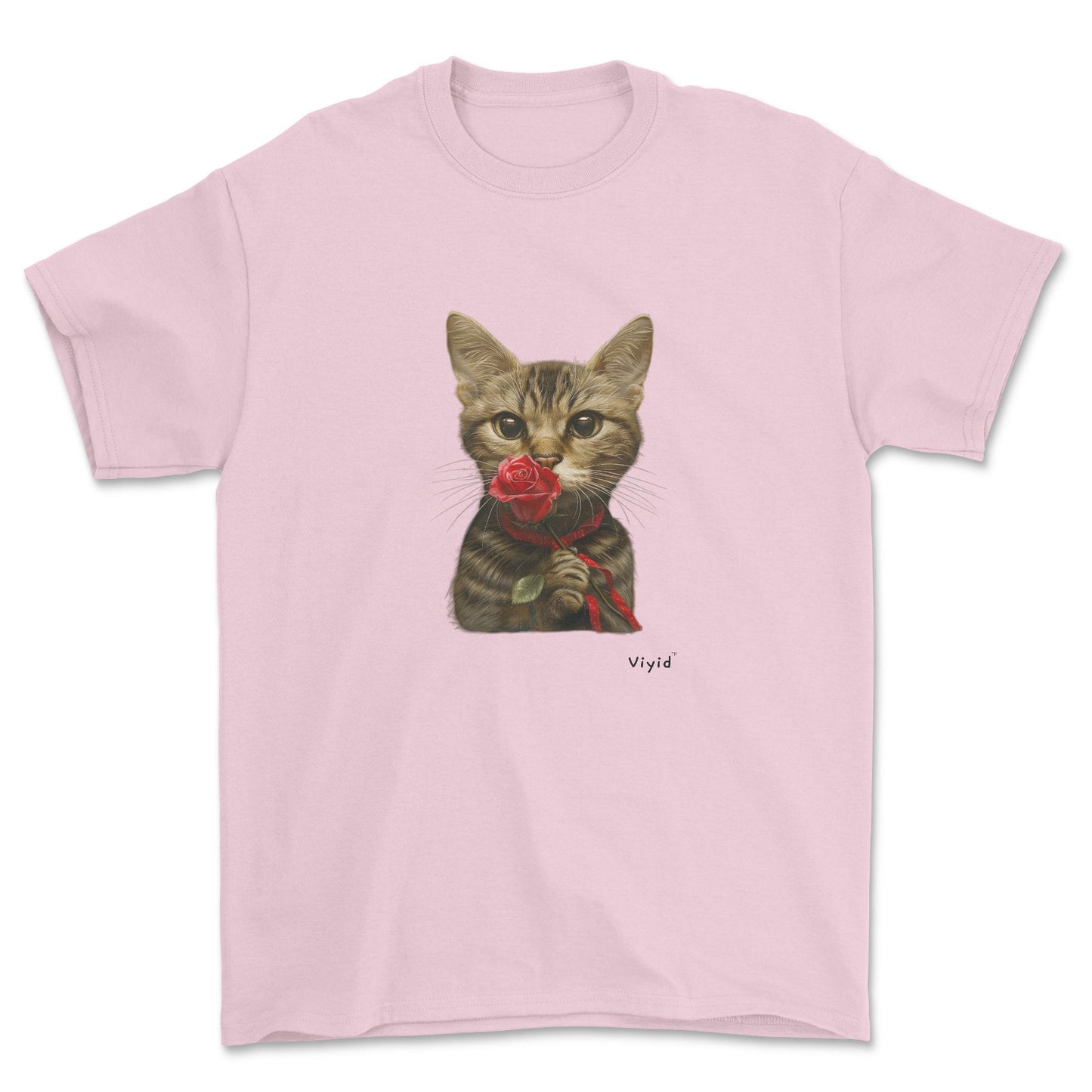sniffing rose domestic shorthair cat youth t-shirt light pink