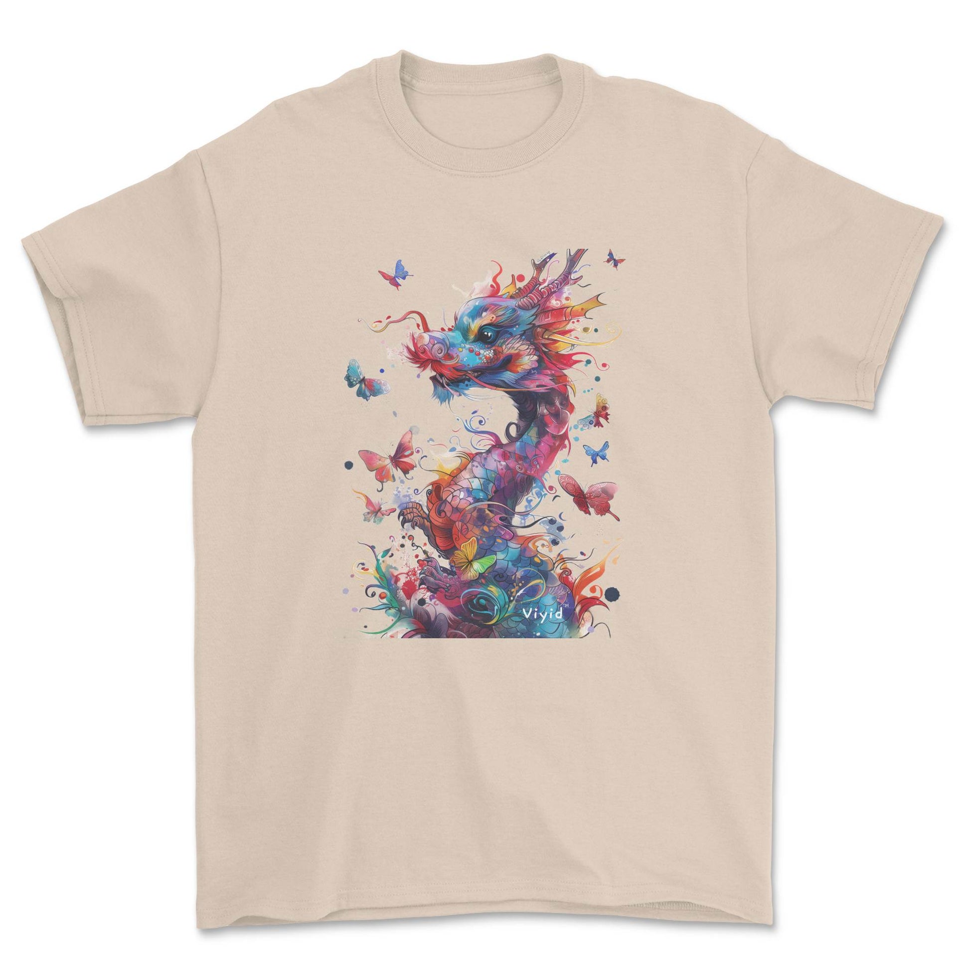 colorful dragon with butterflies adult t-shirt sand