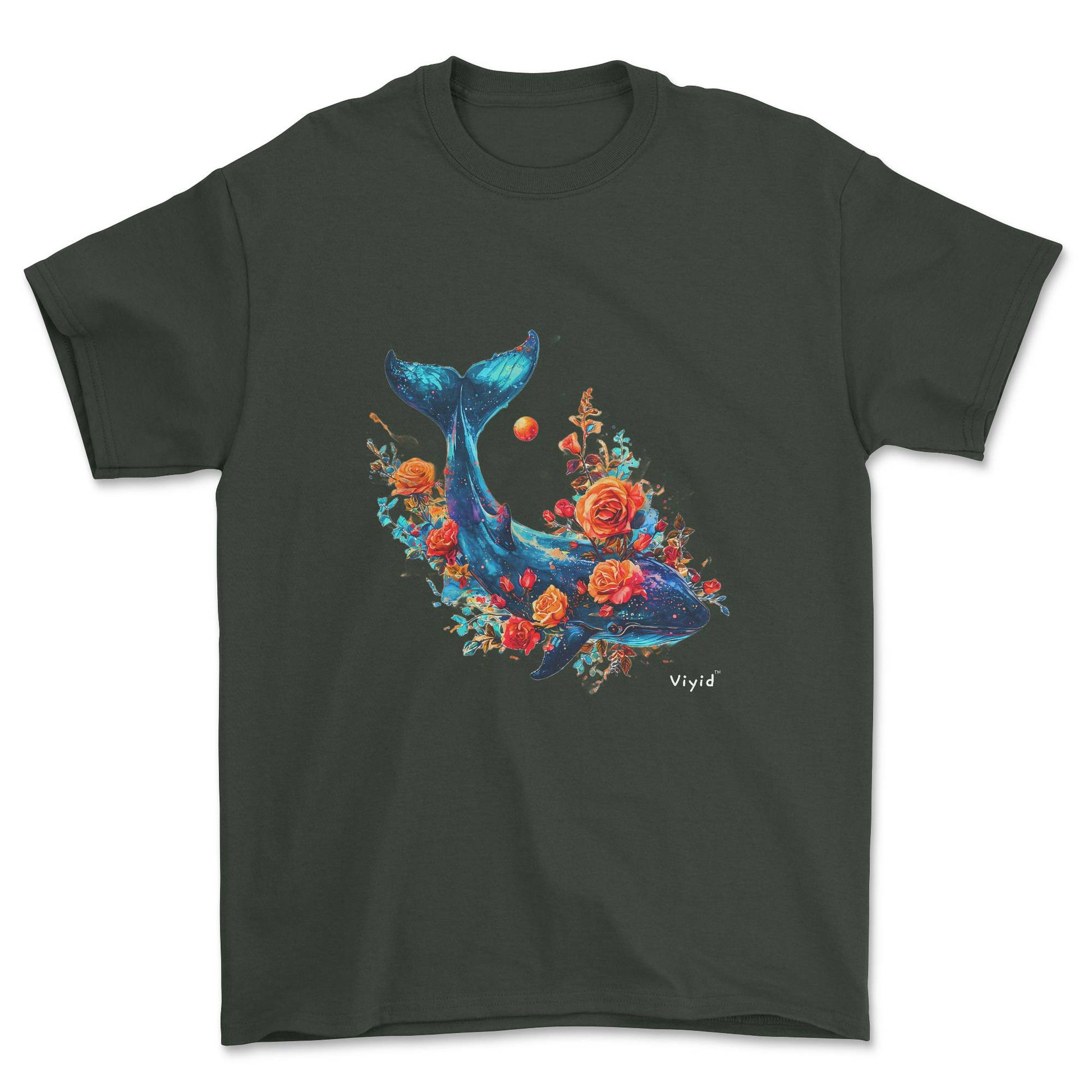 whale roses planets youth t-shirt forest green