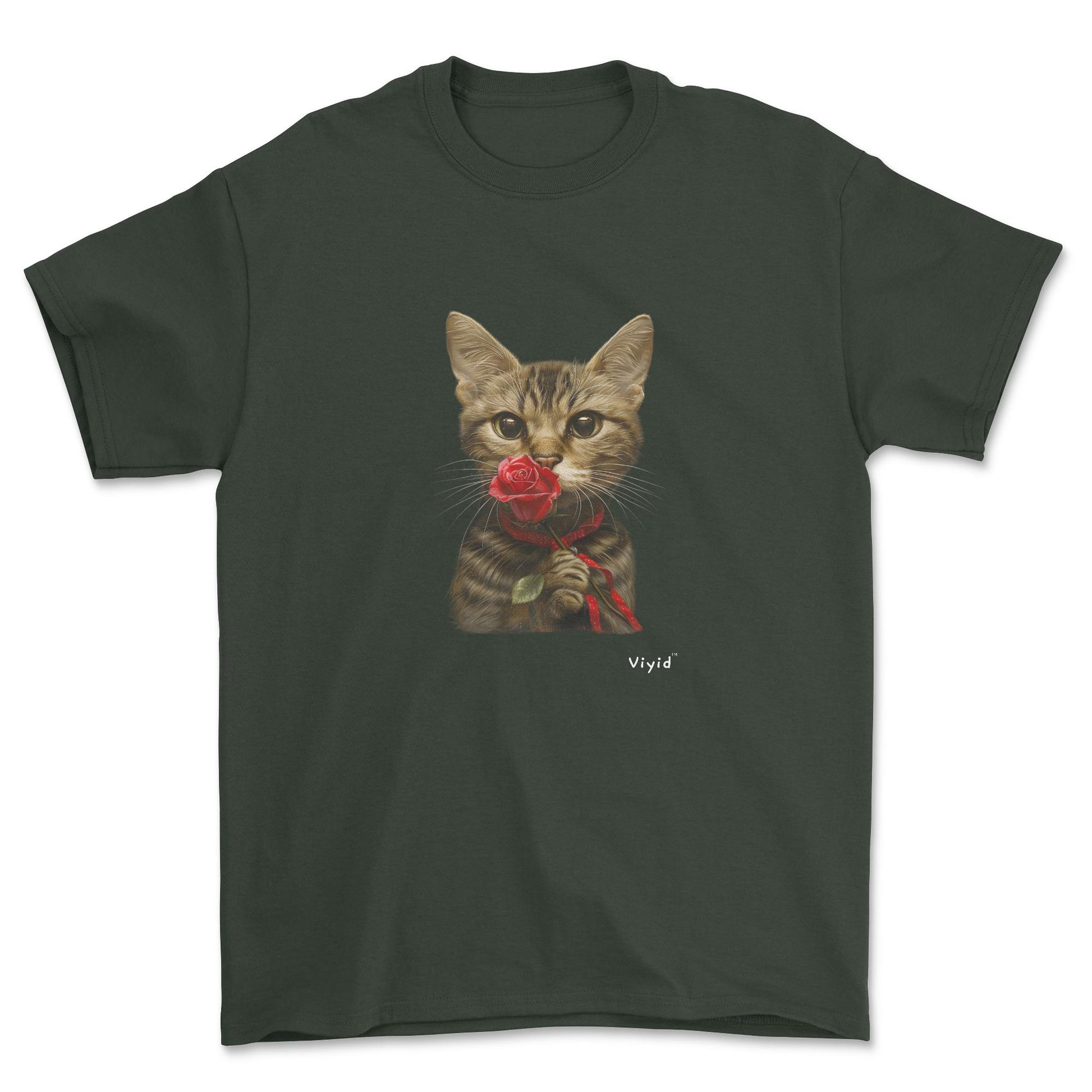 sniffing rose domestic shorthair cat youth t-shirt forest green