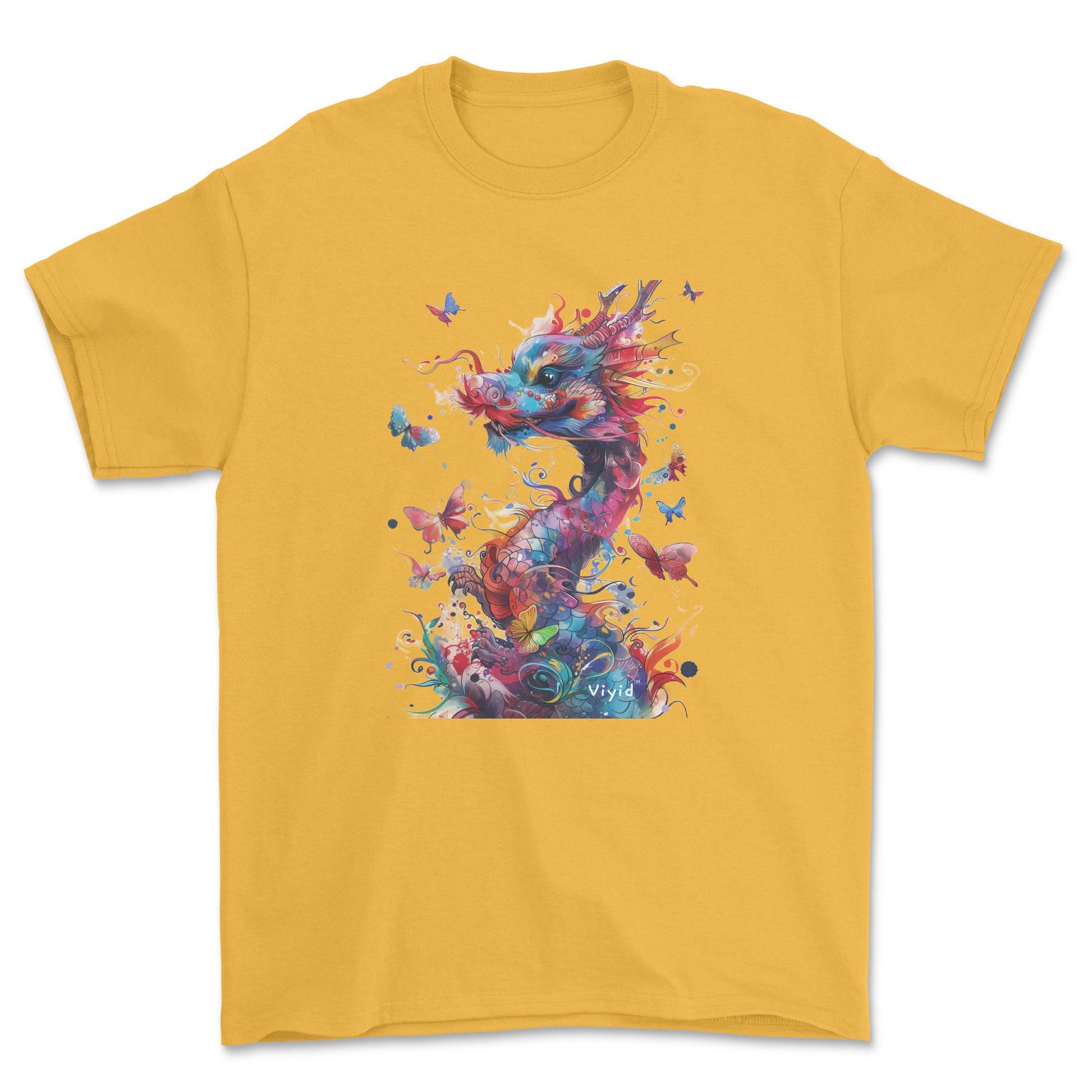 colorful dragon with butterflies adult t-shirt gold