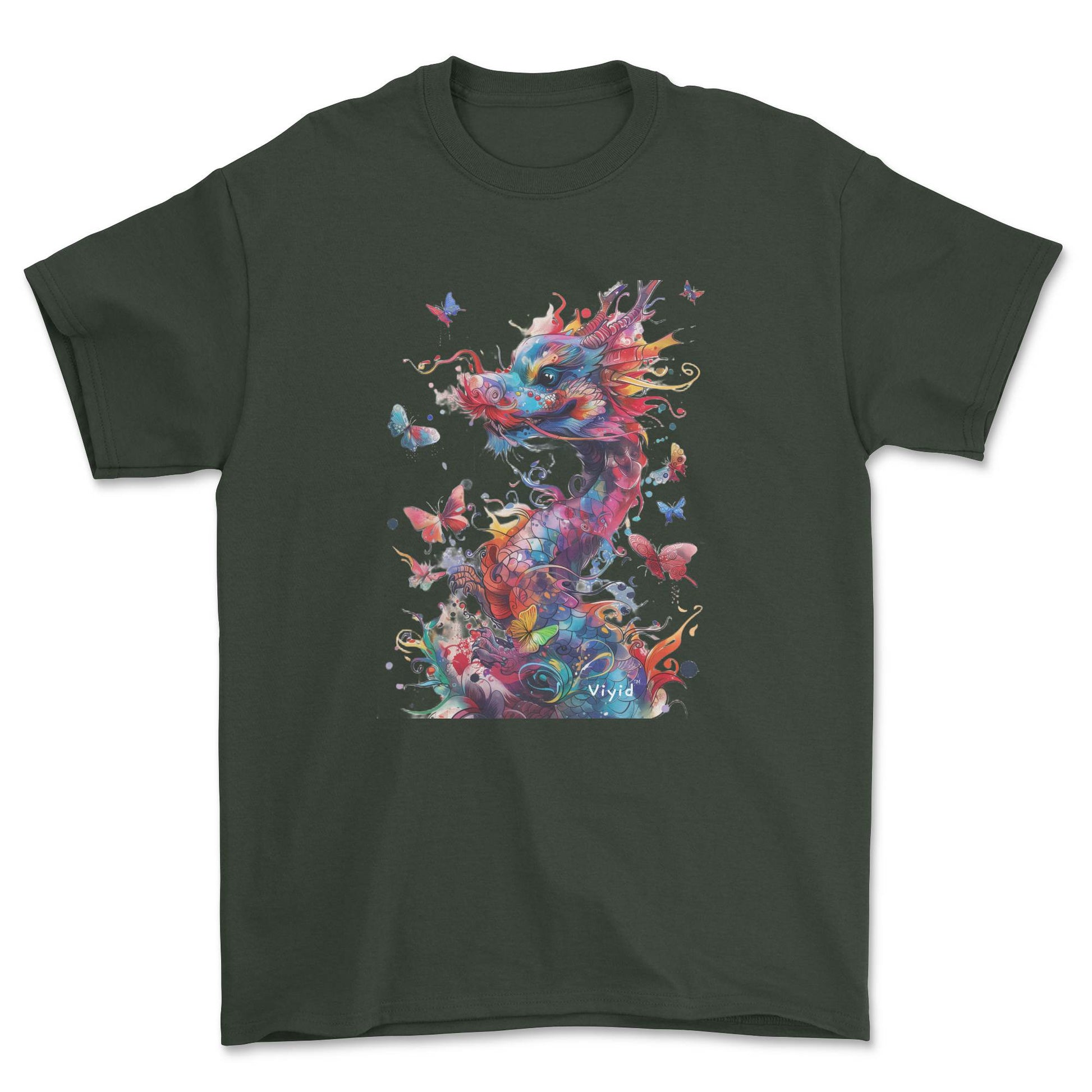 colorful dragon with butterflies adult t-shirt forest green