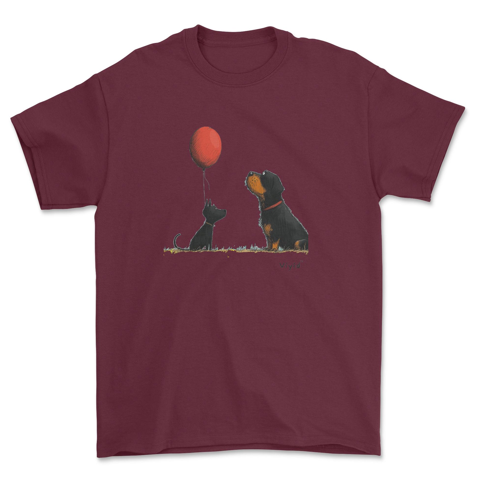 Rottweiler with balloon adult t-shirt maroon