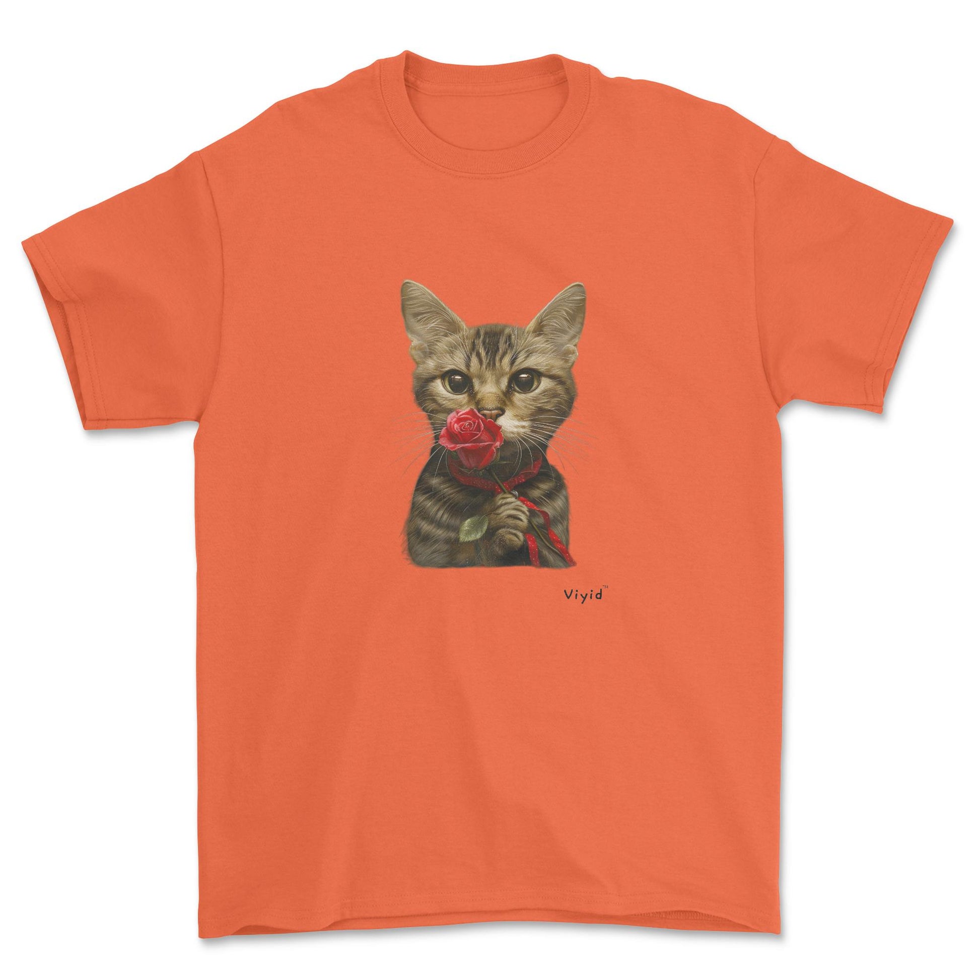 sniffing rose domestic shorthair cat adult t-shirt orange