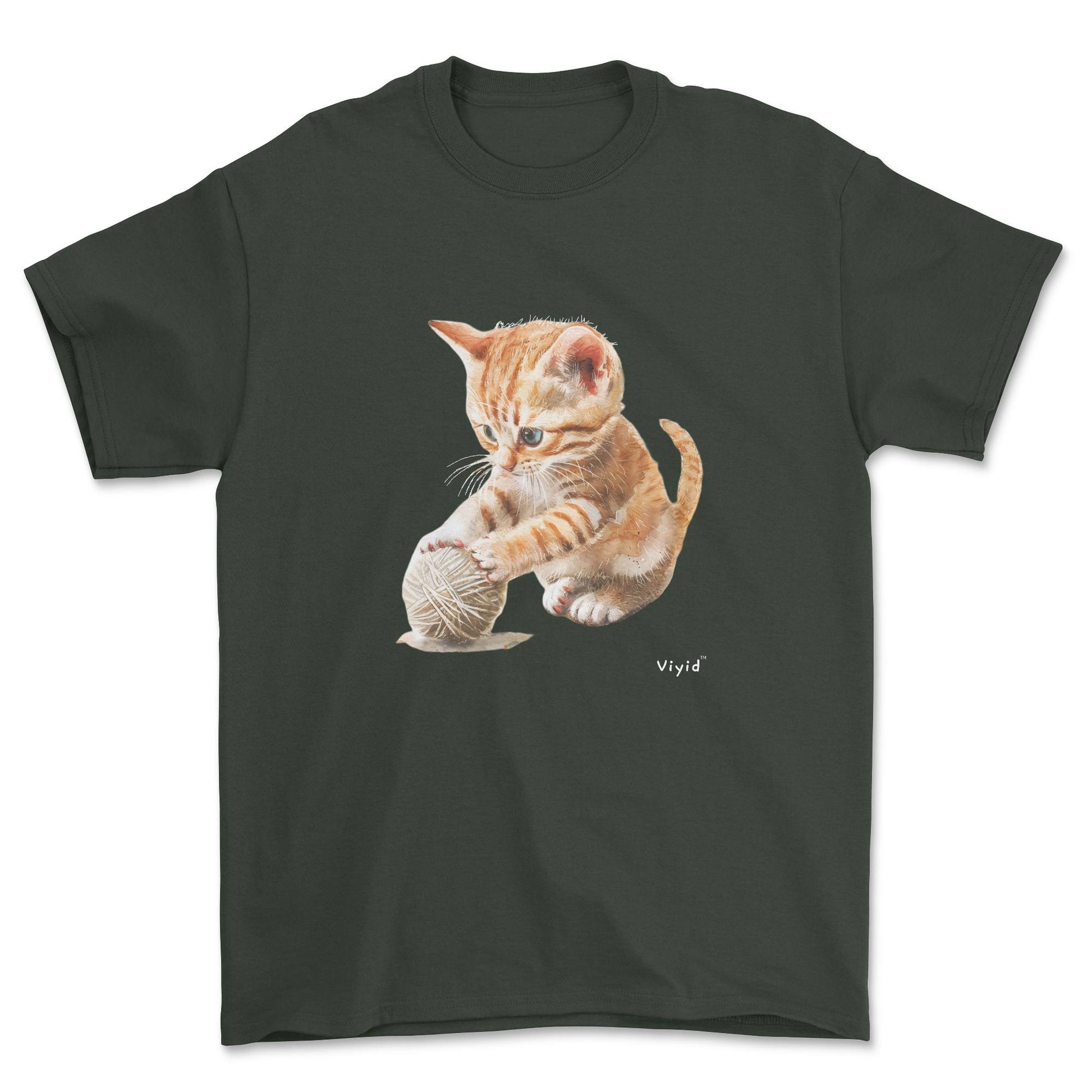 British shorthair cat playing yarn youth t-shirt forest green