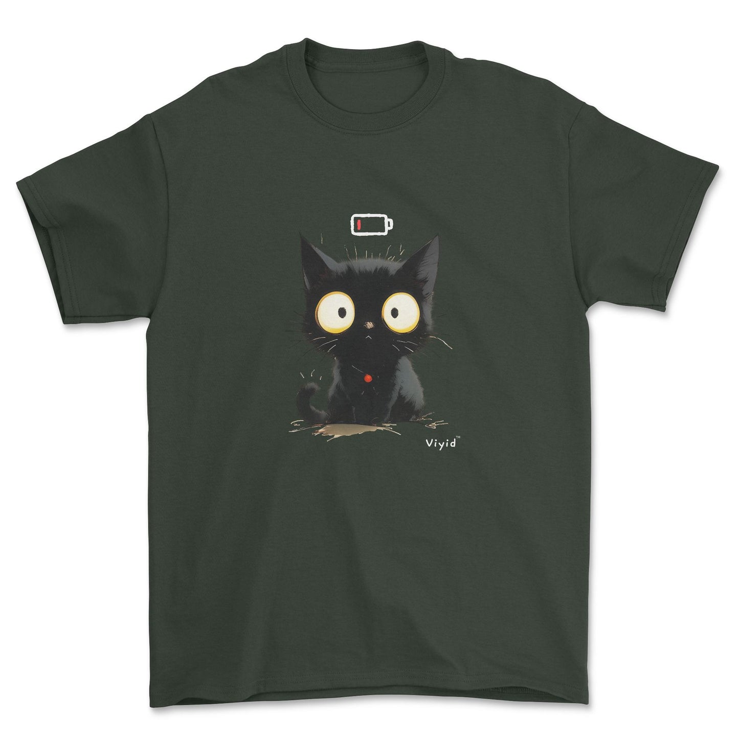 Low battery black cat youth t-shirt forest green
