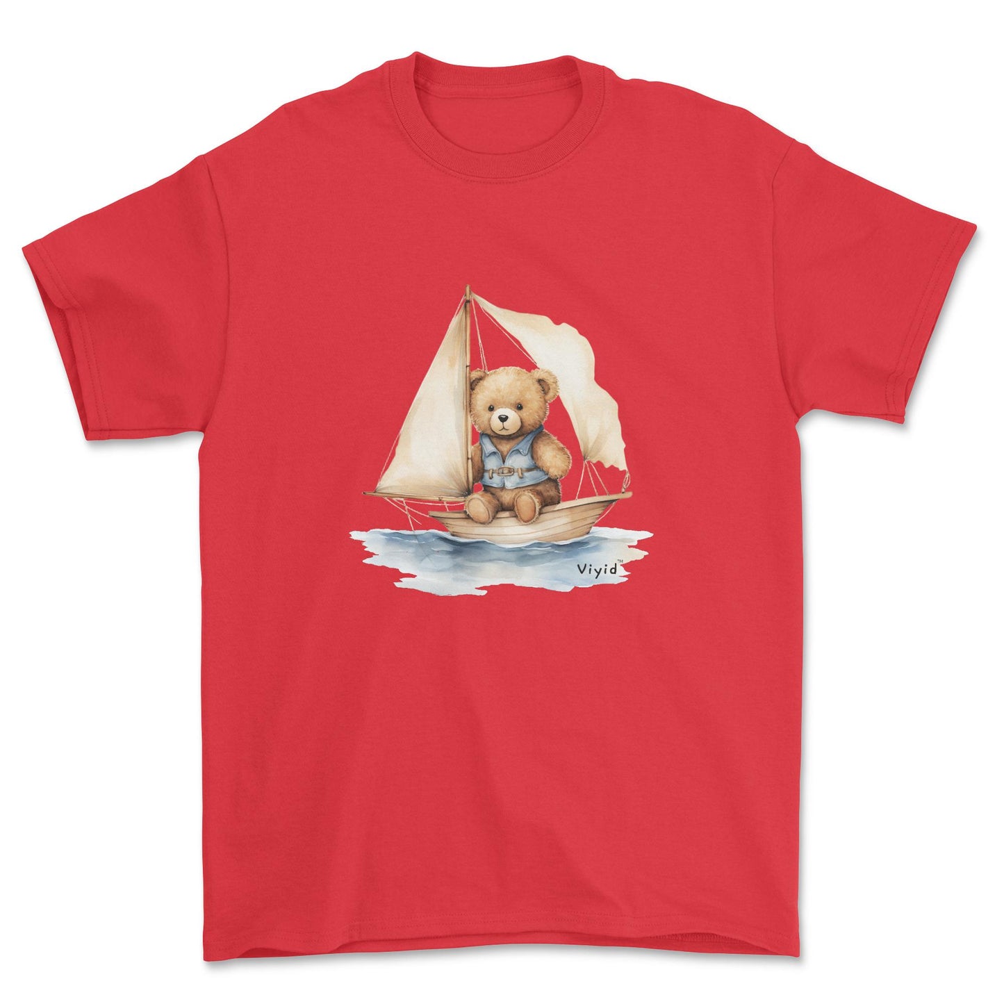 bear on boat youth t-shirt red