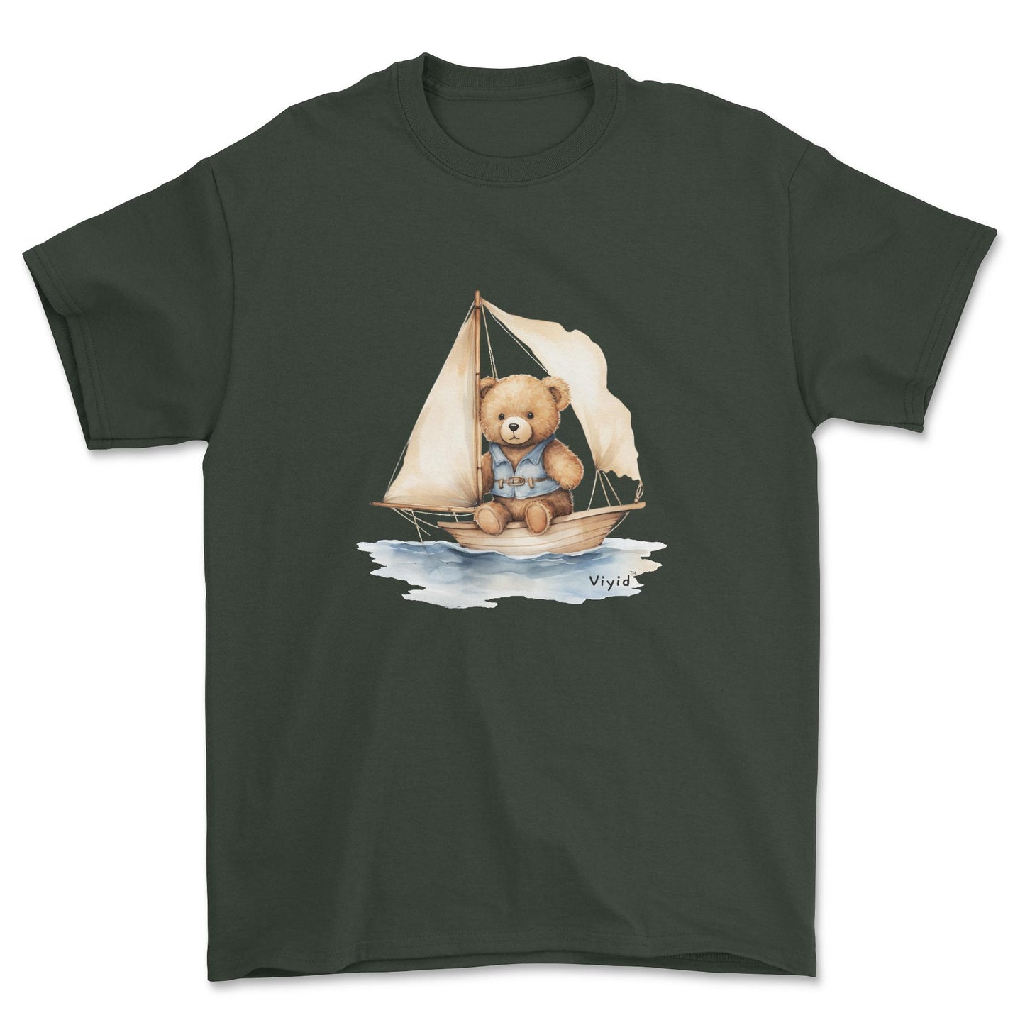 bear on boat youth t-shirt forest green