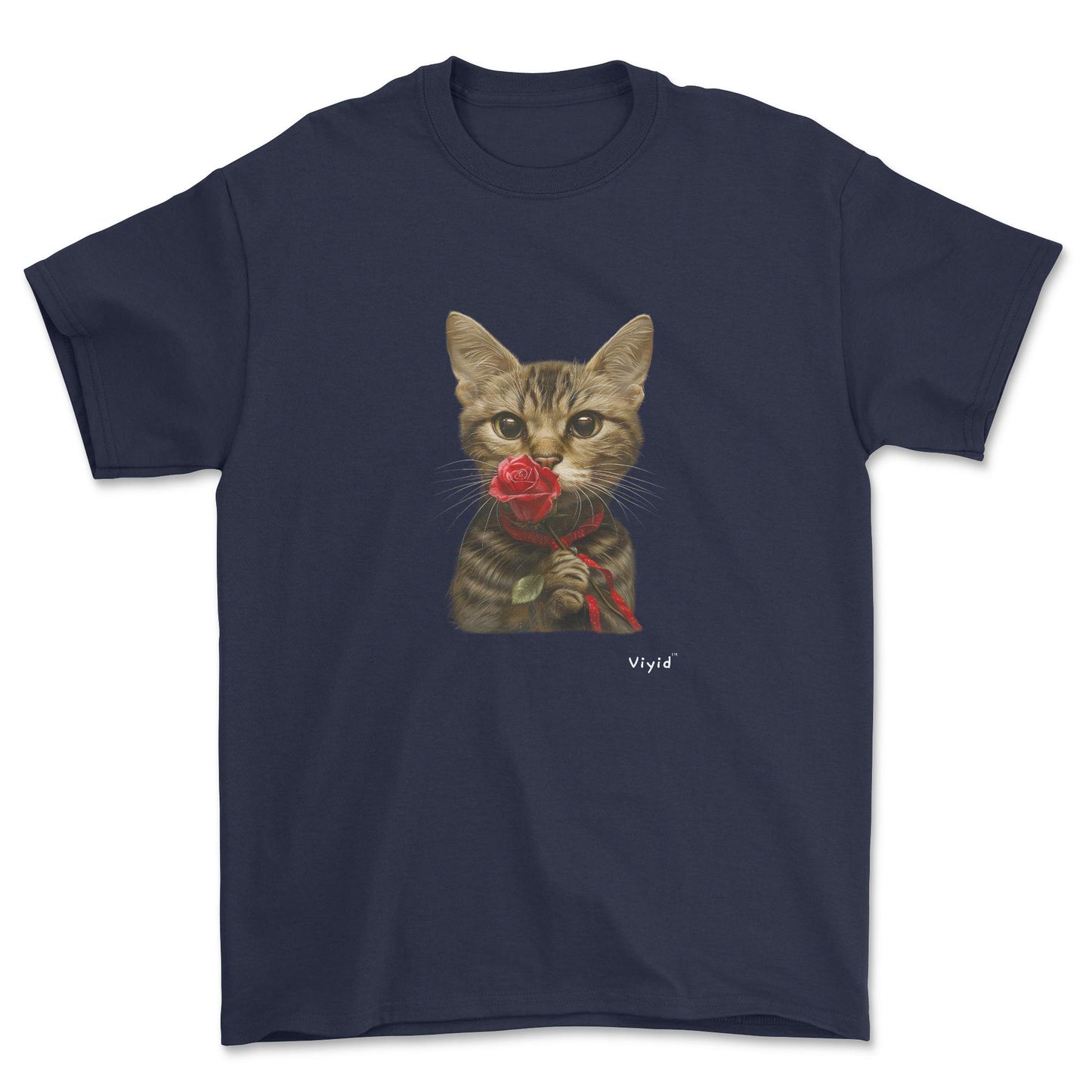 sniffing rose domestic shorthair cat youth t-shirt navy