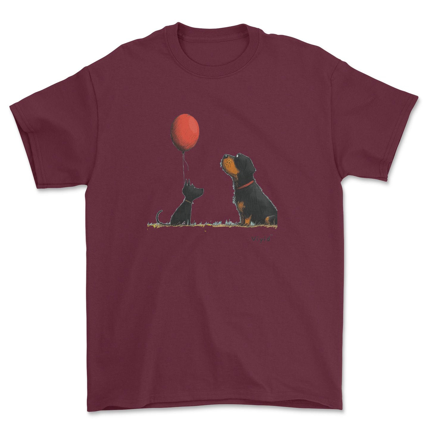 Rottweiler with balloon youth t-shirt maroon