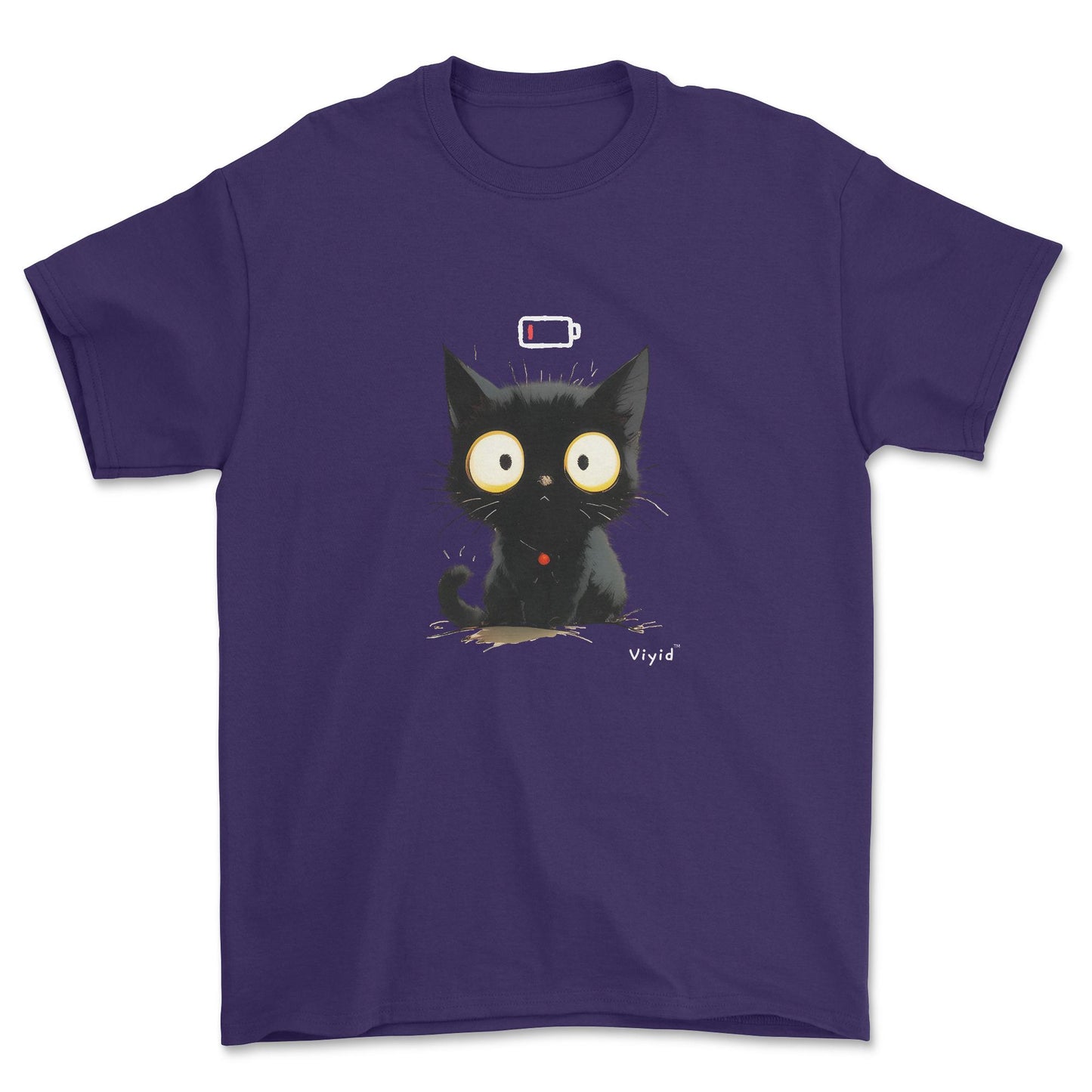 Low battery black cat youth t-shirt purple