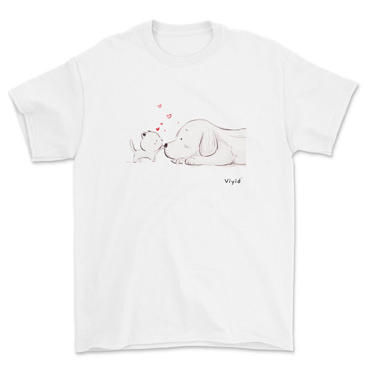a kitty touching a puppy's nose designer adult t-shirt white