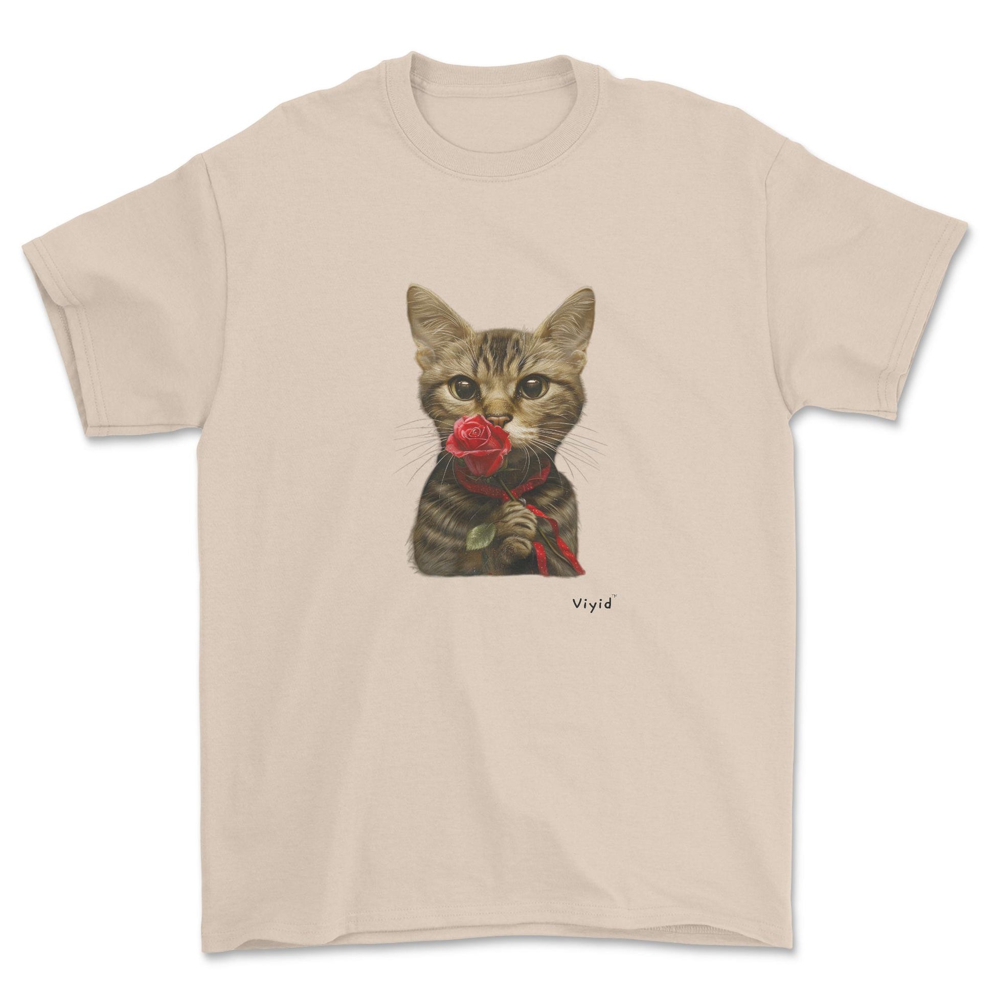 sniffing rose domestic shorthair cat adult t-shirt sand