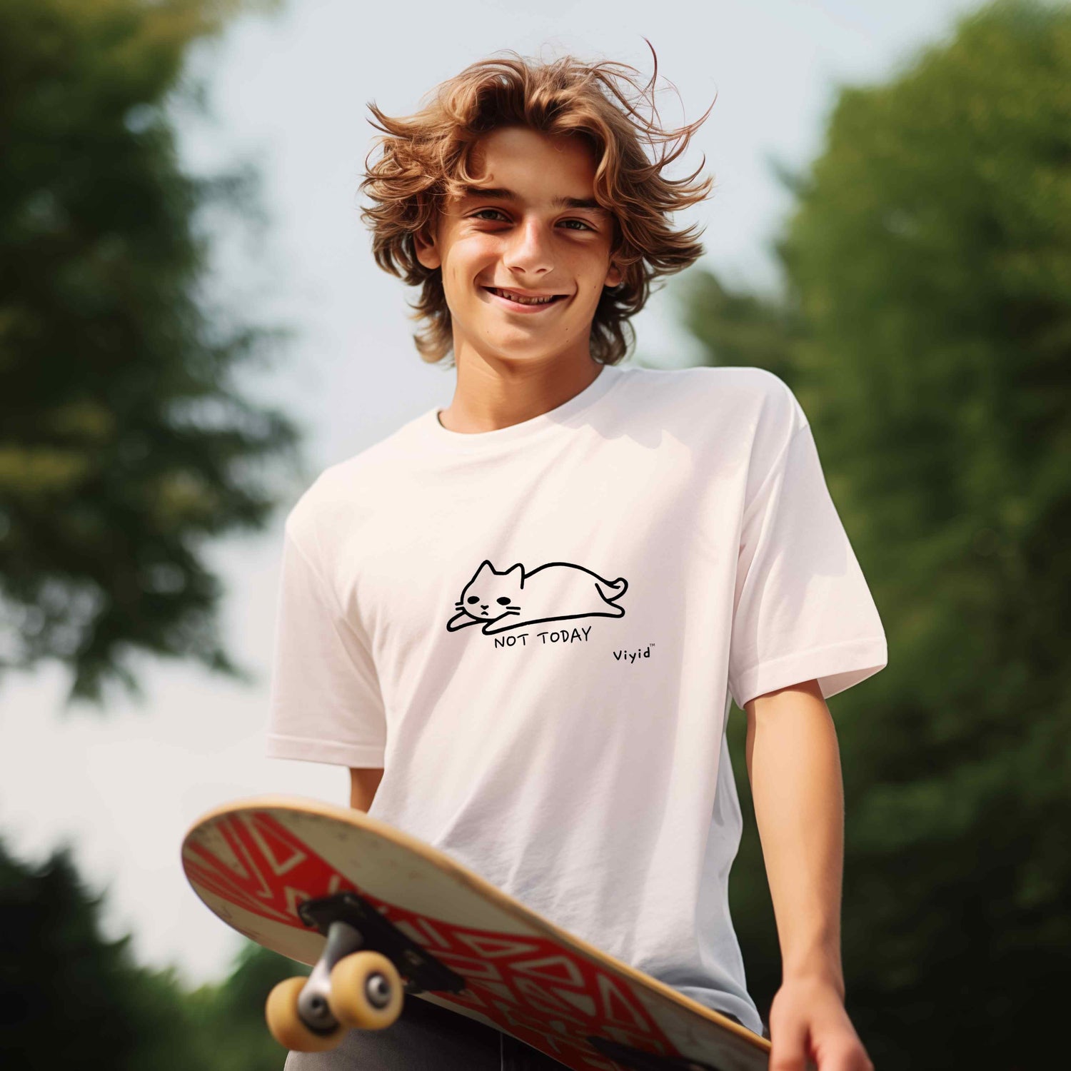 youth t-shirt collection cover image of a young white male youth holding a skateboard and wearing a white t-shirt with a cat doodle saying "not today" 