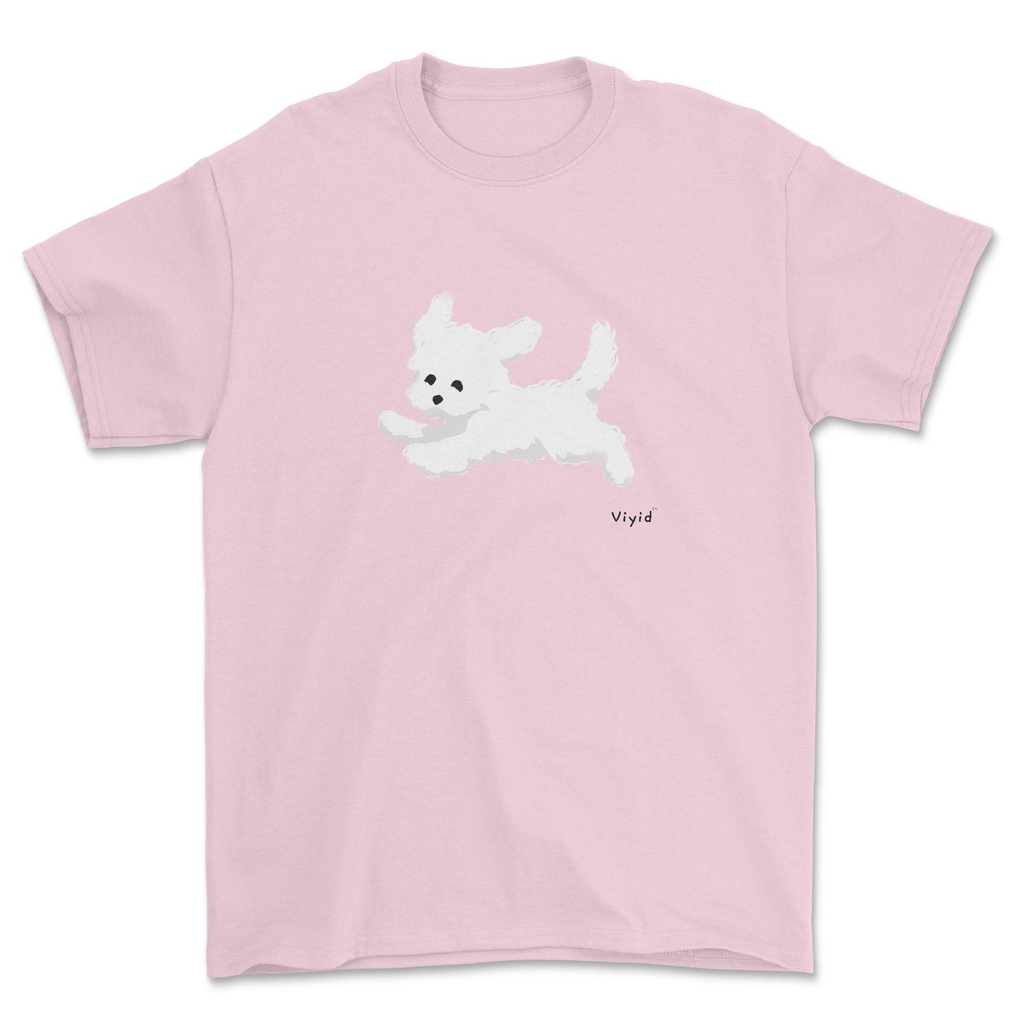 a running white Yorkie adult t-shirt light pink