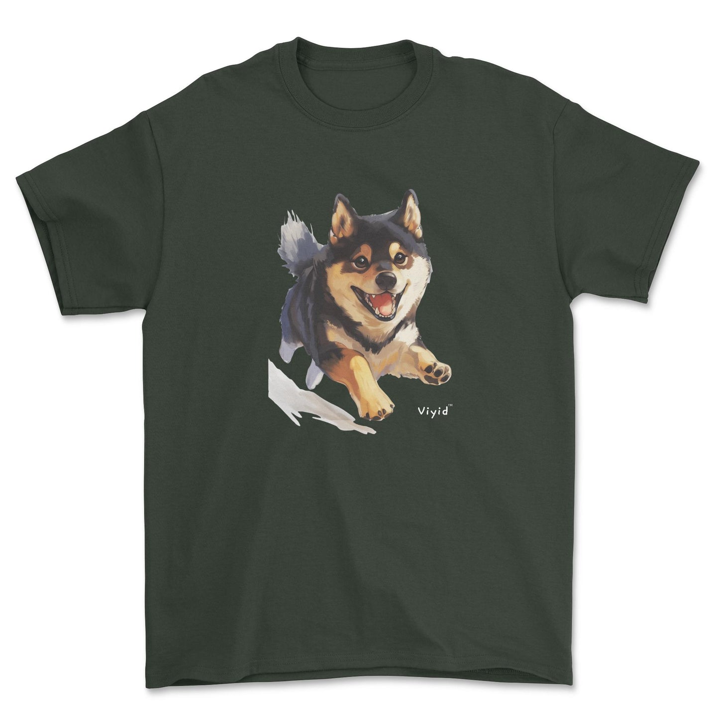 black and tan Shiba Inu youth t-shirt forest green