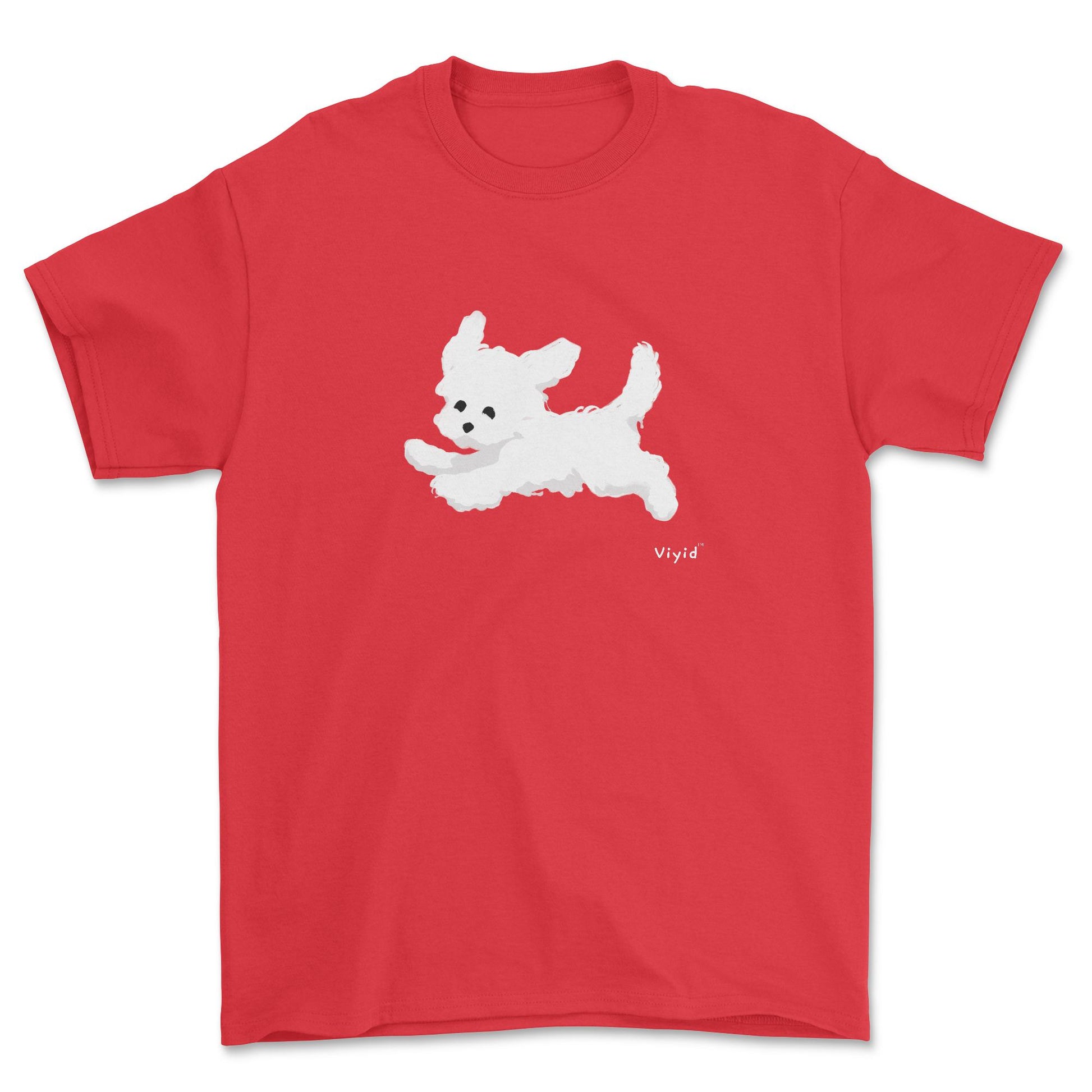 a running white Yorkie adult t-shirt red