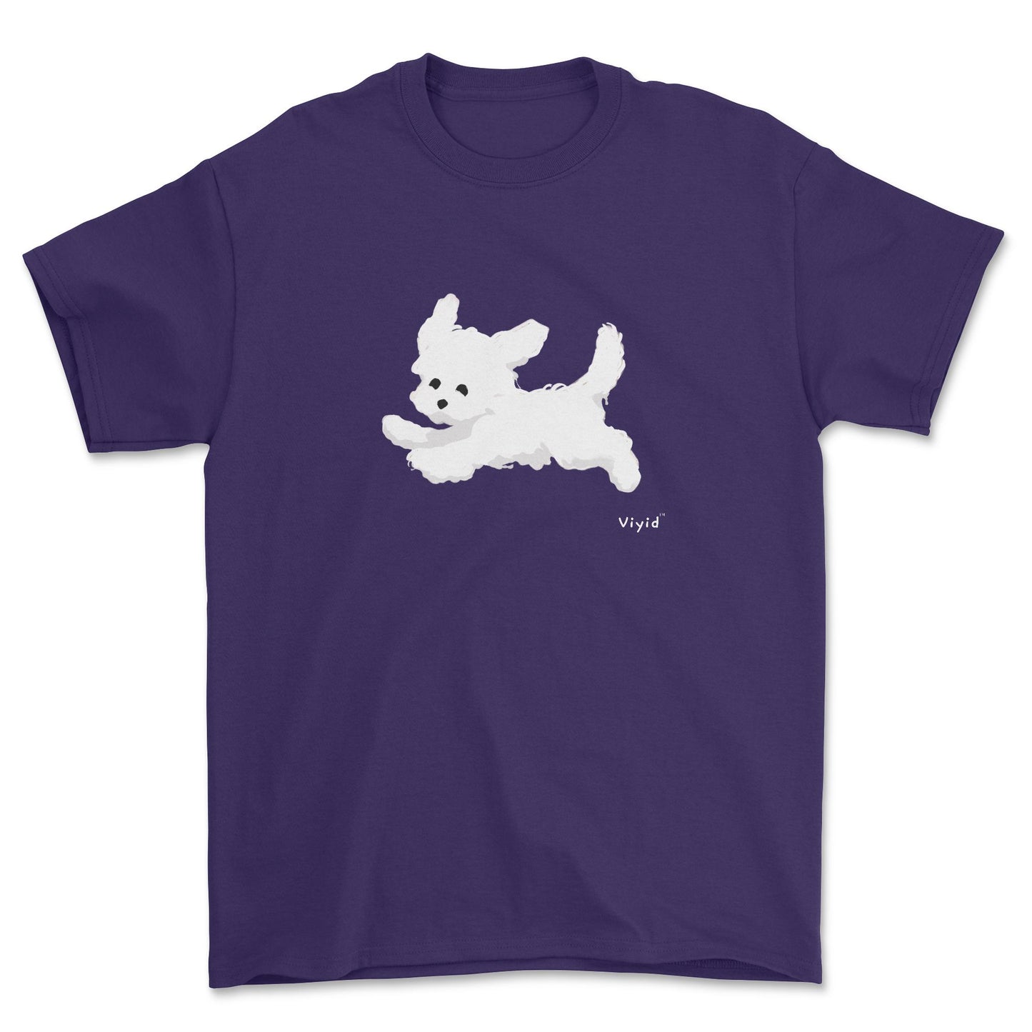 a running white Yorkie youth t-shirt purple
