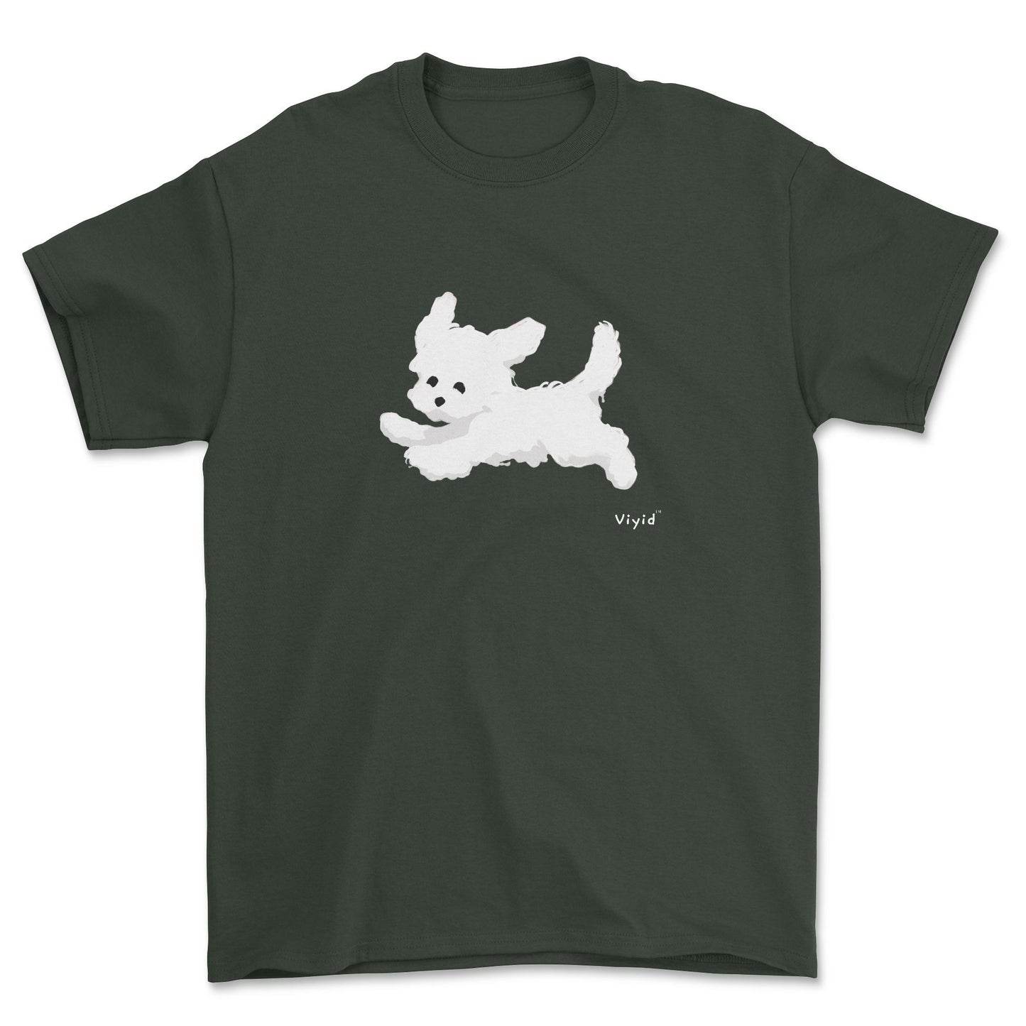 a running white Yorkie adult t-shirt forest green