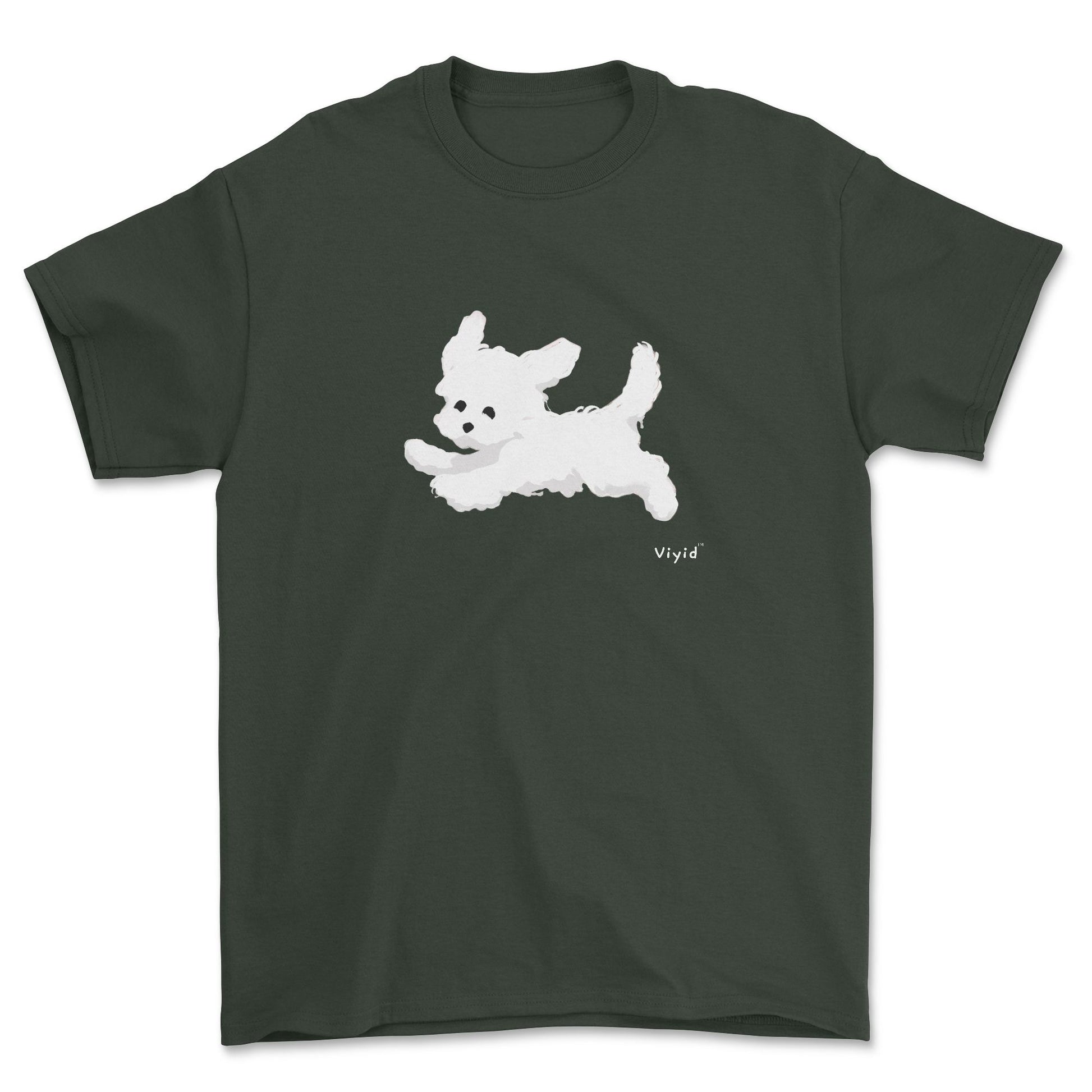 a running white Yorkie youth t-shirt forest green