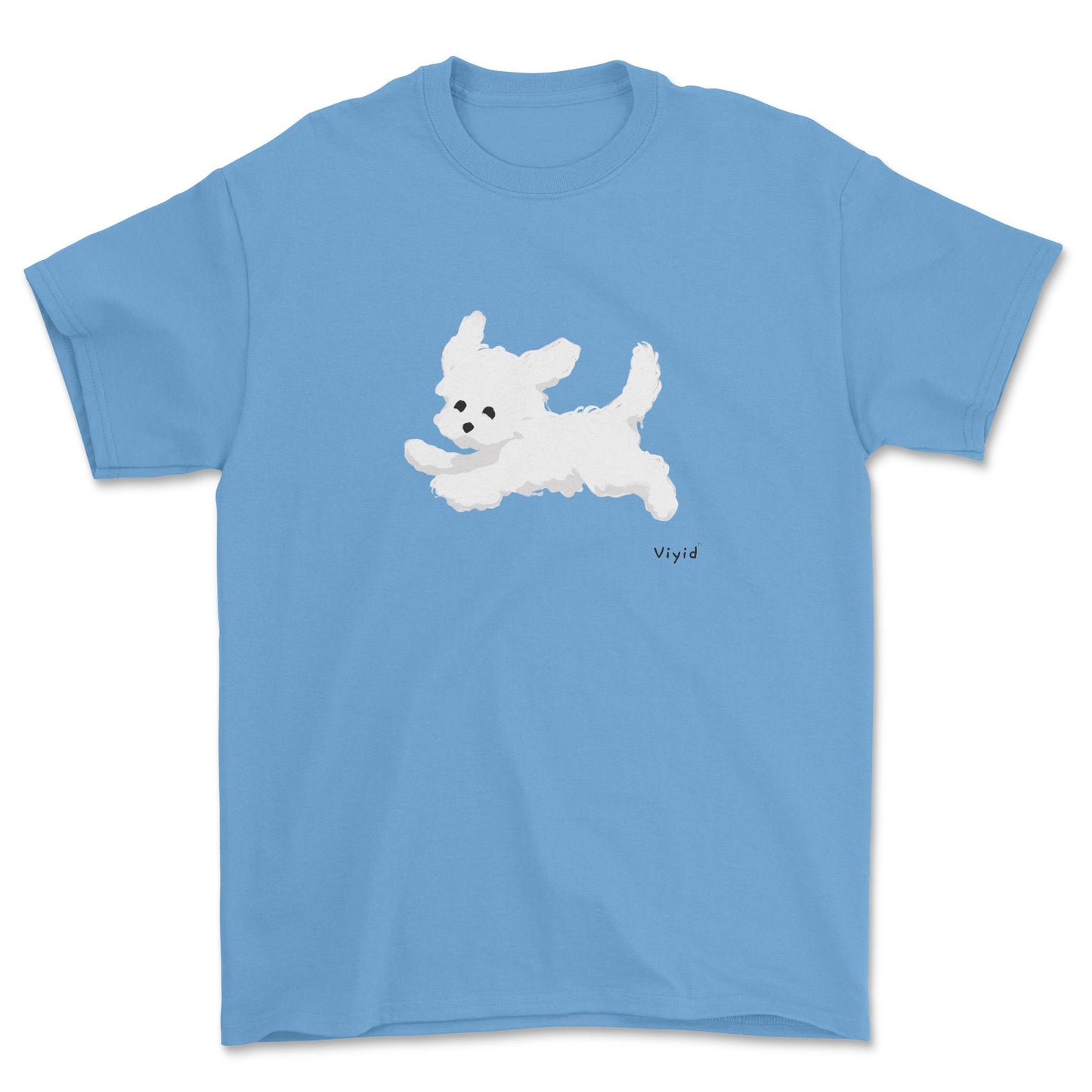 a running white Yorkie youth t-shirt carolina blue