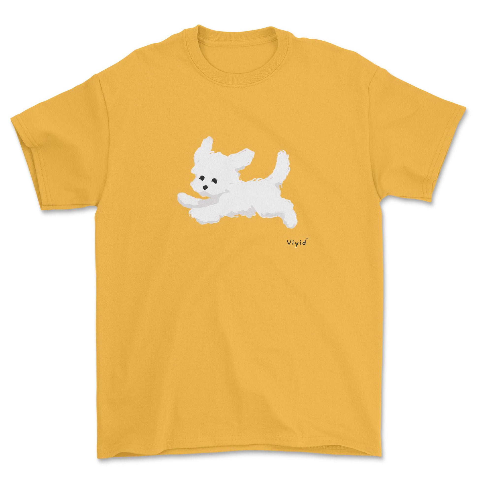a running white Yorkie adult t-shirt gold