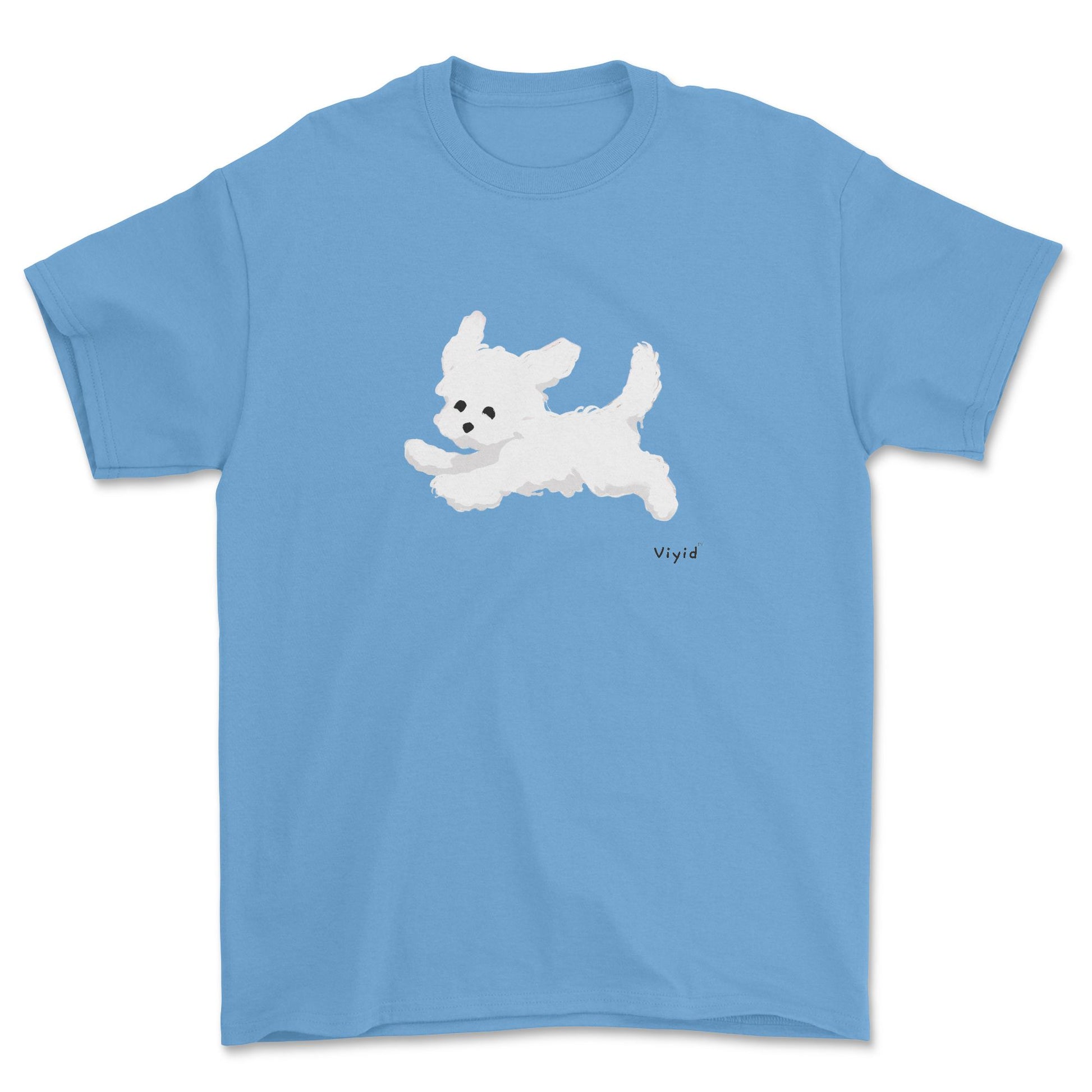 a running white Yorkie adult t-shirt carolina blue